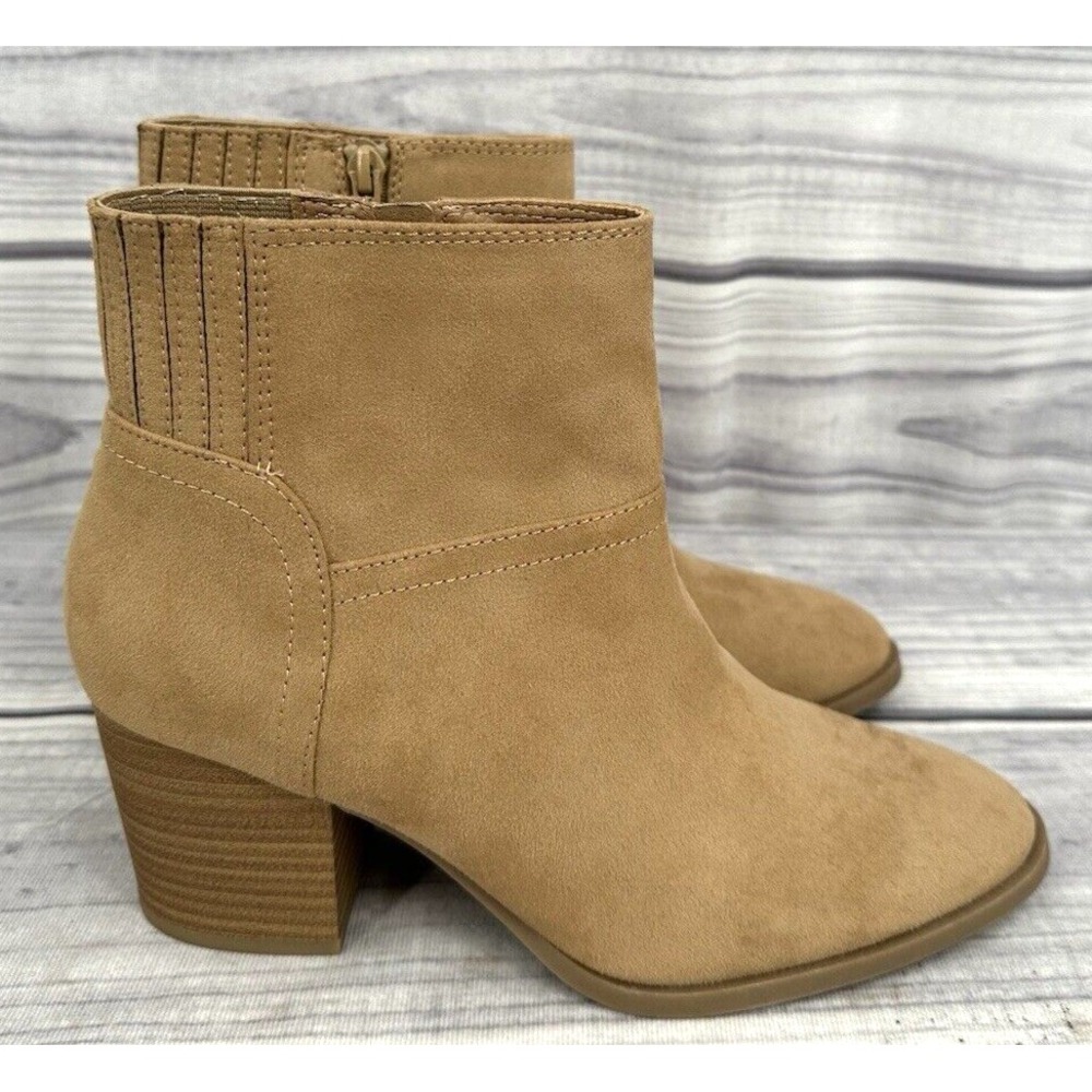 LC LAUREN CONRAD BLOCK HEEL ANKLE BOOTS Women's Size 8 TAN FAUX SUEDE